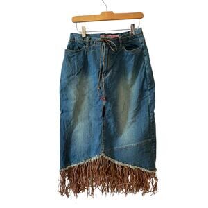 Vintage Faux Suede Fringed Denim Midi Skirt